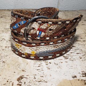 Men’s 34 ~ Vintage Tan Americana Belt ~ Embossed Painted Eagles ~ Leather